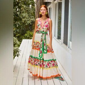 FARM RIO TOUCANS GARDEN Tropical Floral Hummingbird Scalloped Belted Maxi Dress